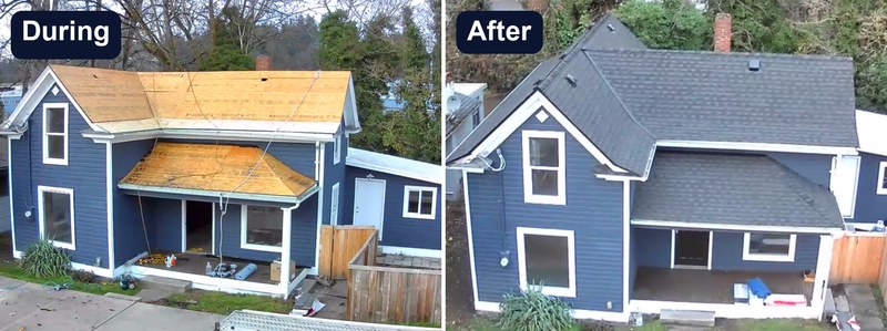 Blue house during a reroof with the roof down to bare plywood, beside the same house two days later with new shingles