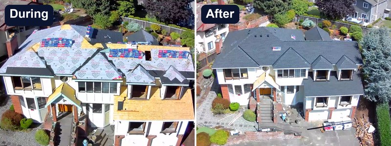 Large white house with new underlayment on the roof, beside the same house with the finished shingle roof