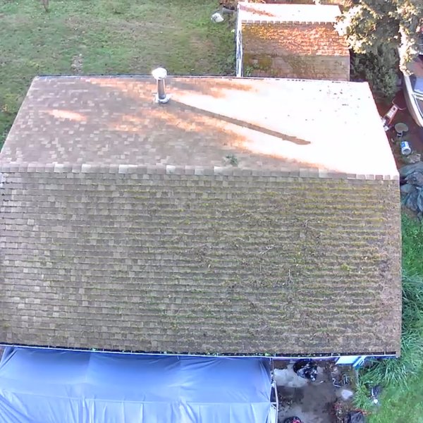 Drone view of a shingle roof covered in moss, on a job Corevia worked